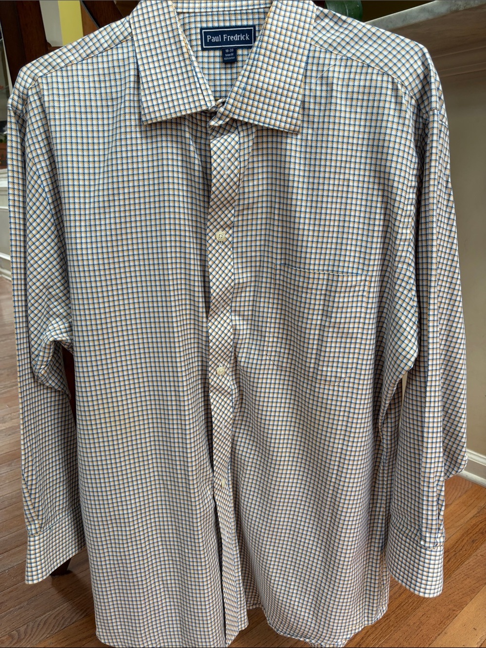 Paul Fredrick Beige Shirt with Blue and yellow Windowpane Check